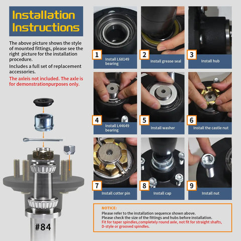 Installation instructions for Two Pack Heavy Duty Trailer Hub Kit For 3500 Lb Trailers, 5 Lug 4.5 Inch Bolt Pattern with steps.