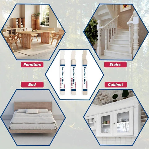 Quick Fix Wood Filler Sticks 3 Pack for furniture, bed, stairs, and cabinet scratch repairs against a neutral background.