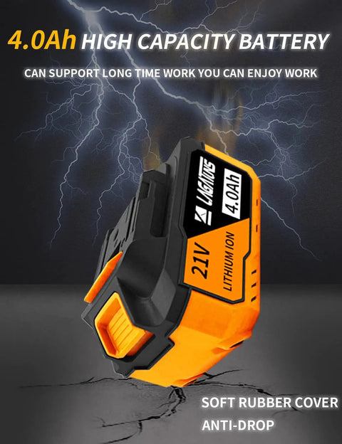 21V 4.0Ah lithium-ion battery with orange and black design, soft rubber cover, ideal for Beast Of A Cordless Impact Wrench With 450NM Torque And Brushless Motor One Half Inch Drive 3600 RPM Includes 4.0Ah Li Ion Battery Ideal For Car Maintenance Tire Changes Auto Repairs And Heavy Duty Projects