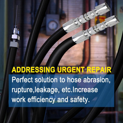 Close-up of Legines 1/2 inch reusable hydraulic fittings repair kit, 2 pcs, silver connectors on black hoses