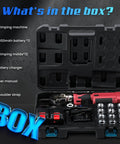 Pro Grade Built Tough Cordless Hydraulic Cable Lug Crimper Six Ton Electric Terminal Pliers With Fast Charge 21V Battery And Complete Die Kit For Weekend Warriors box contents including crimping machine, batteries, molds, charger.