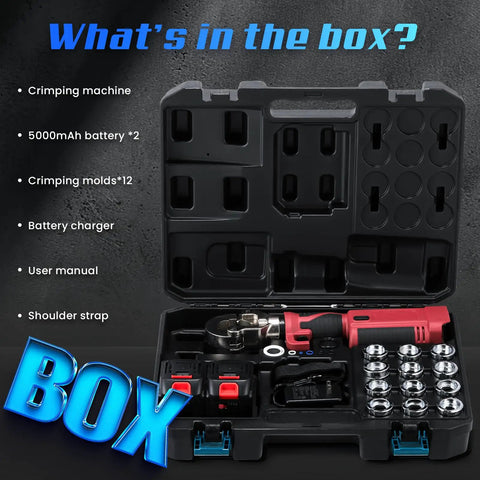 Pro Grade Built Tough Cordless Hydraulic Cable Lug Crimper Six Ton Electric Terminal Pliers With Fast Charge 21V Battery And Complete Die Kit For Weekend Warriors box contents including crimping machine, batteries, molds, charger.