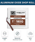 1X150FT Emery Cloth Sandpaper Roll Aluminum Oxide 180 Grit for wood and metal jobs, shown in a box with packaging details.