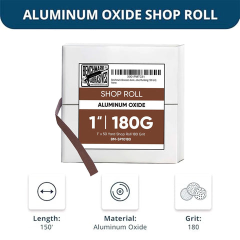 1X150FT Emery Cloth Sandpaper Roll Aluminum Oxide 180 Grit for wood and metal jobs, shown in a box with packaging details.