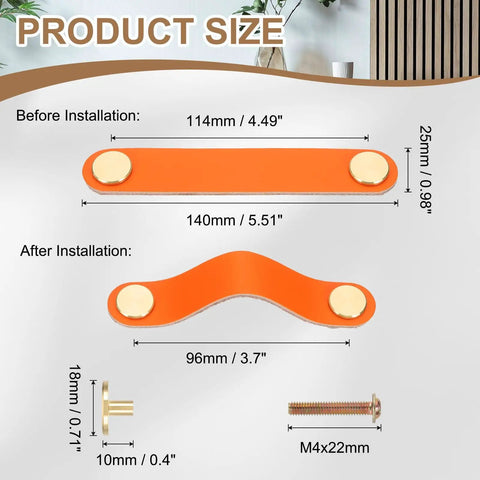 Diagram showing dimensions of orange leather drawer pulls with screws before and after installation