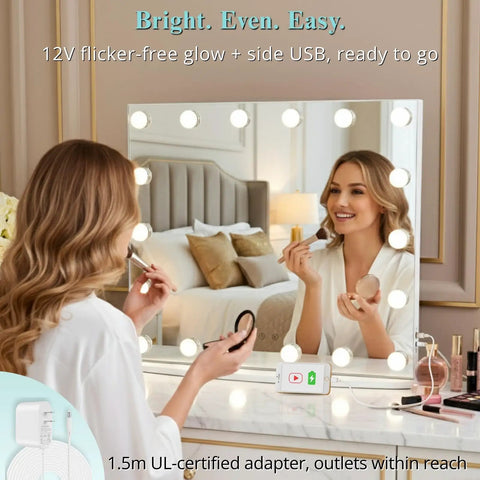 Hollywood Vanity Tabletop Makeup Mirror With USB Powered Dimmable LED Lights Touch Sensor Controls 12 LEDs For Daylight And Warm Settings Crystal Clear Reflection For Flawless Makeup Glam Ready