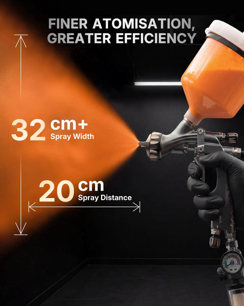 Professional Grade HVLP Spray Gun Kit Featuring Built Tough Stainless Steel Flow Channel And Precision Nozzles For Crisp Atomization Zero Drama And Flawless Auto Finishes with defined spray width of 32 cm.
