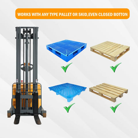 Heavy Duty Full Electric Pallet Stacker And Counterbalanced Forklift, compatible with various pallet types, ideal for rough job sites.