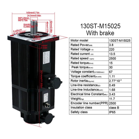 Front view of 130ST-M15025 servo motor with brake, black ribbed body, 3.8 kW, 220V