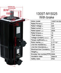 130ST-M15025 servo motor with brake; black ribbed housing, top shaft, mounting flange