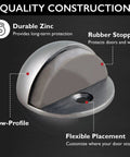 Floor Mounted Door Stops Five Pack Satin Nickel Zinc Heavy Duty With Rubber Cushions And Easy Install Dome Shaped To Protect Walls And Doors 1.75 Inch Diameter By 1.25 Inch High, close-up view highlighting durable zinc construction and rubber stopper for wall protection.