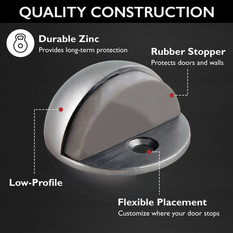 Floor Mounted Door Stops Five Pack Satin Nickel Zinc Heavy Duty With Rubber Cushions And Easy Install Dome Shaped To Protect Walls And Doors 1.75 Inch Diameter By 1.25 Inch High, close-up view highlighting durable zinc construction and rubber stopper for wall protection.