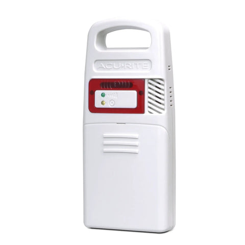 Front view of Lightning Detector Sensor With Outdoor Temperature And Humidity Monitor Weather Resistant Detects Lightning Up To 25 Miles With Light And Audible Alerts Updates Data Every 24 Seconds Then Every 8 Seconds After Detection