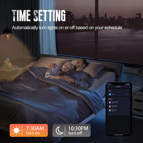 Couple sleeping in bed with time-setting feature of Smart LED Light Bulbs, 16 Million Color Changing Dimmable, Works With Alexa And Google Assistant