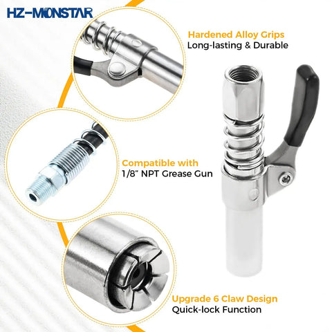 Grease Gun Accessory Kit With 90 Degree Coupler One Eighth Inch Fittings Needle Nozzles Sleeves And A 12 Inch Hose For Tight Spots