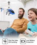 Father and son flying SYMA S107H Mini RC Helicopter indoors using remote controls, showcasing one-key takeoff and landing feature.
