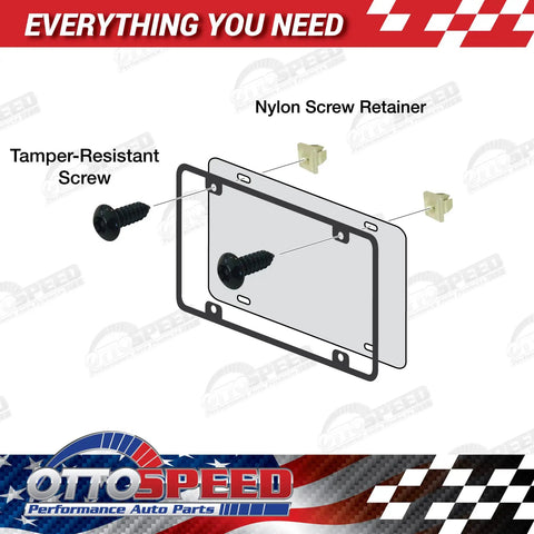Illustration of Theft-Proof License Plate Screws Kit with nylon insert and tamper-resistant black stainless screws.