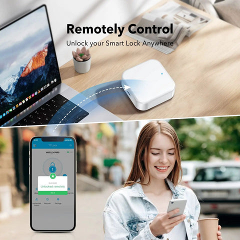 Smart WiFi Gateway For Keyless Entry Locks on table, TTLock App on phone, woman using app remotely outdoors.