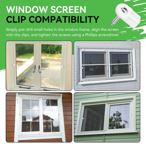 Slick Flush Mount Window Screen Clips With Flat Head Screws No Sweat Replacement Hardware For Storm Doors Super Tough White L5766 Design Quick Setup Bulk Pack installed on various window frames.