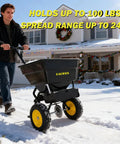 Man using Walk Behind Broadcast Spreader With 100 Pound Hopper And 0 To 9.8 Feet Spreading Width, 13 Inch All Terrain Solid Tires on snow.