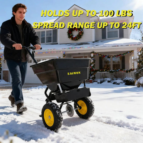 Man using Walk Behind Broadcast Spreader With 100 Pound Hopper And 0 To 9.8 Feet Spreading Width, 13 Inch All Terrain Solid Tires on snow.