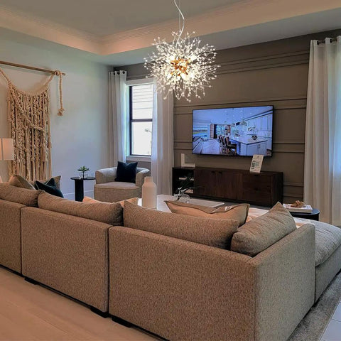 Eight Light Gold Crystal Firework Dandelion Chandelier With Modern Semi Flush Mount Ceiling Light Fixture for Living Room