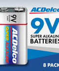 Top Shelf 9V Alkaline Batteries 8 Pack Packed With Serious Long Lasting Juice For Home Gear And Office Gadgets Tossed In A Nifty Reclosable Bag With Seven Year Shelf Life, displayed in a vibrant design.