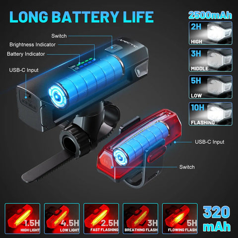 USB C Rechargeable Bike Light Set Front Headlight And Rear Taillight With 9 Modes 1200 Lumen Brightness IPX6 Waterproof