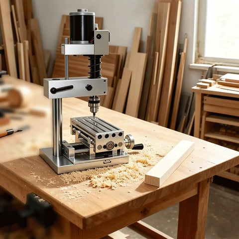 Badass Mini Bench Drill Press Kit With Smooth 24 Volt Seven Speed And Stepless Controller Digital Display on a wooden workbench.