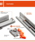 Features of Heavy Duty Undermount Drawer Slides 21 Inch Soft Close Concealed Bottom Mount with 3D Adjustment and steel plate.
