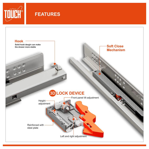Features of Heavy Duty Undermount Drawer Slides 21 Inch Soft Close Concealed Bottom Mount with 3D Adjustment and steel plate.