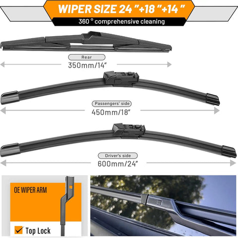 24 Inch And 18 Inch Windshield Wiper Blades With 14 Inch Rear Wiper For Mazda CX 5 And CX 9 2017 To 2025 All Season OEM Quality Replacement Set Pack Of 3