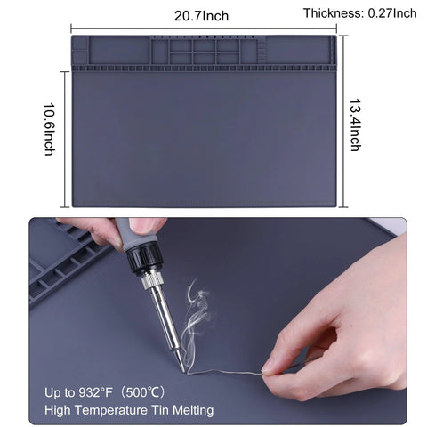 HPFIX magnetic anti-static work mat, 20.7 x 13.4 in, 0.27 in thick, heat resistant to 932°F; close-up shows soldering iron
