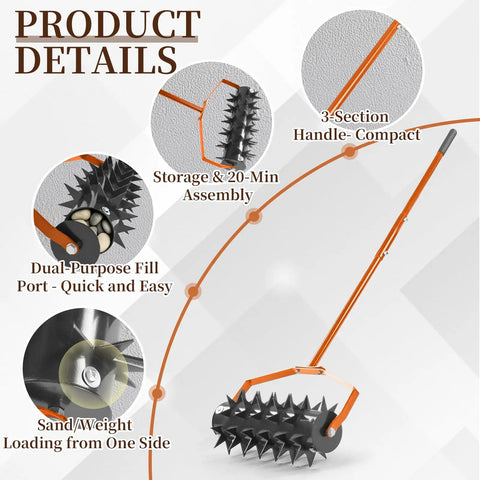 Diagram of Beast Heavy Duty 18 Inch Manual Lawn Aerator Roller With 49 Inch Adjustable Handle, fillable drum, and assembly details.