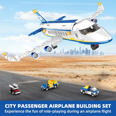 6 In 1 Airport Passenger Plane Building Set With 510 Pieces For STEM Play Including Baggage Truck Shuttle Bus Boarding Stairs And More A Dope Build Toy For Adults And Kids Ages 6 To 12 featuring airplane, trucks.