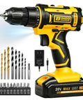 20 Volt Cordless Drill And Driver Combo Pack With Long Lasting Battery And Quick Charge Adapter, black and yellow design with accessories.