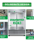 Score A Rock Solid 54 Inch Commercial Glass Door Reach In Refrigerator With Tempered Double Doors 46 Cubic Feet featuring 6 adjustable shelves and LED lighting.