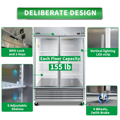 Score A Rock Solid 54 Inch Commercial Glass Door Reach In Refrigerator With Tempered Double Doors 46 Cubic Feet featuring 6 adjustable shelves and LED lighting.