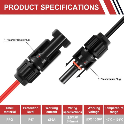 Product specifications for 32 Piece MC4 Solar Panel Connectors Set With 16 Male And Female Pairs Plus 2 Wrenches IP67 Waterproof