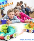 Kids playing with Dinosaur Edition Remote Control Cars For Toddlers 2 Pack With LED Lights And Music, safe for ages 18 months and up.