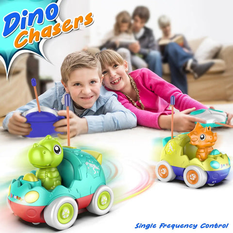 Kids playing with Dinosaur Edition Remote Control Cars For Toddlers 2 Pack With LED Lights And Music, safe for ages 18 months and up.