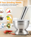 18/8 Stainless Steel Mortar And Pestle Set With Brush, Pill Crusher, Spice Grinder, Herb Bowl, And Pesto Powder Grinder