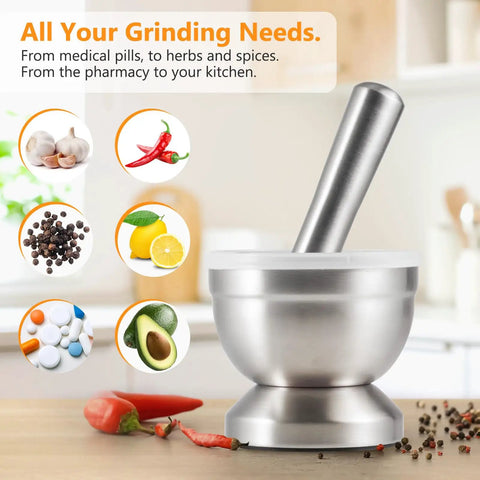 18/8 Stainless Steel Mortar And Pestle Set With Brush, Pill Crusher, Spice Grinder, Herb Bowl, And Pesto Powder Grinder