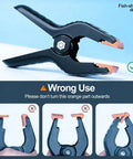 12 Pack Heavy Duty 4.5 Inch Spring Clamps With Grip Jaw Pads For Photography Studio Backdrops And Carpentry Projects, 10 Lb Holding Power, 1.5 Inch Max Opening, Durable Nylon Construction shown in proper usage with incorrect configurations