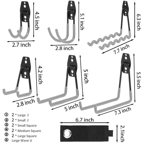 Heavy Duty Garage Storage Hooks Set For Wall Mount Organization 12 Piece Hook Rack dimensions and design details.