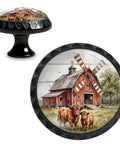 Straight Up Rustic Charm Four Pack Highland Cow Crystal Glass Round Cabinet Knobs Drawer Pulls Hella Cozy Farmhouse Vibes Absolute Stunners For Dressers And Kitchen Cupboards featuring Highland cows and red barn design.