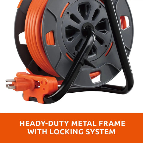 60 Ft Cord Reel With Four Outlets 14 AWG SJTW Cable Workhorse Heavy Duty High Visibility Extension Cord Reel Built In Tangle Free Winding System And Easy Grip Handle Safety Circuit Breaker Included For Indoor Outdoor Use with heavy-duty metal frame and locking system.