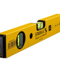 Heavy Duty Aluminum Torpedo Spirit Level With Bullseye Precision Vials Scratch Resistant Yellow Body And Built In Magnets For Dead On Marks And Knocked Out Layouts On Any Job Site Gig, close-up view with vials and branding.