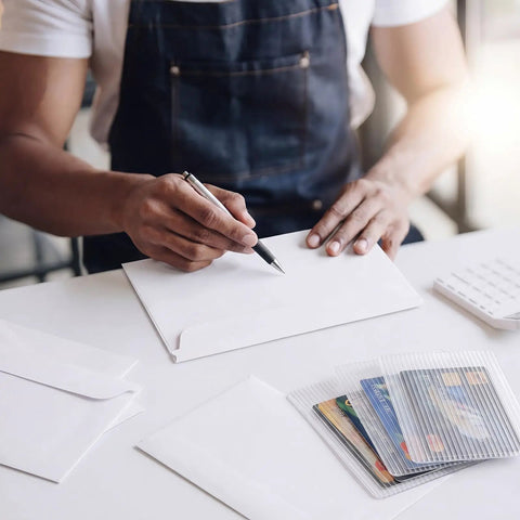 Person using Bulk Card Shipping Kit For Trading Cards And Sports Cards, 425 Pcs Bundle with card shields and envelopes on a table.