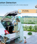 Woman using Solar Powered Wireless Outdoor Security Camera With AI Detection; camera mounted on wall, monitoring motion by car